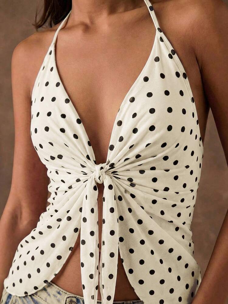 SHEIN BAE 女士浪漫度假性感复古波点荷叶边系带V领露背吊带背心，适合假日约会、下午茶、海滩、邮轮、城市度假、婚礼季、音乐节、波西米亚风度假 - 杏色 - 查看 3
