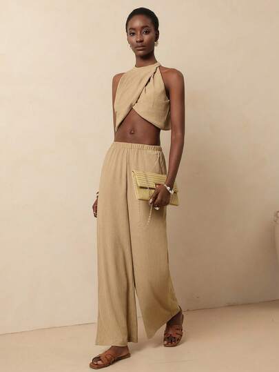 Vesra Spring/Summer New Halter Backless Criss-Cross Sleeveless Top With Metal Buckle, Elastic Waist Wide Leg Pants, Elegant 2 Pieces Set For Women