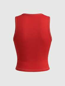 Rina Fox Summer Fashion Letter Print Hollow Out Slim Fit Tank Top - Red - View 3