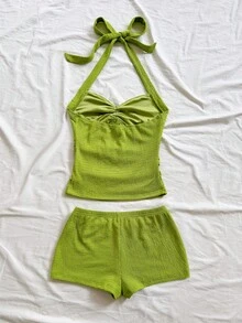 Soleia 女士度假沙滩露背吊带上衣和短裤两件套 - 綠色 - 查看 2