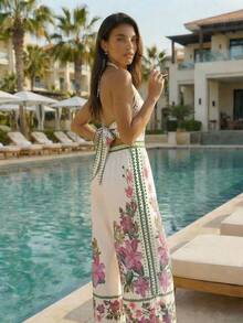 CAJUNI Bộ áo liền quần màu hồng thêu hoa phong cách kỳ nghỉ nhiệt đới - Hồng - Xem 1