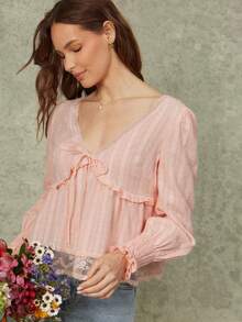 WESTFADE V领娃娃衫长袖浪漫上衣 - 粉色 - 查看 1
