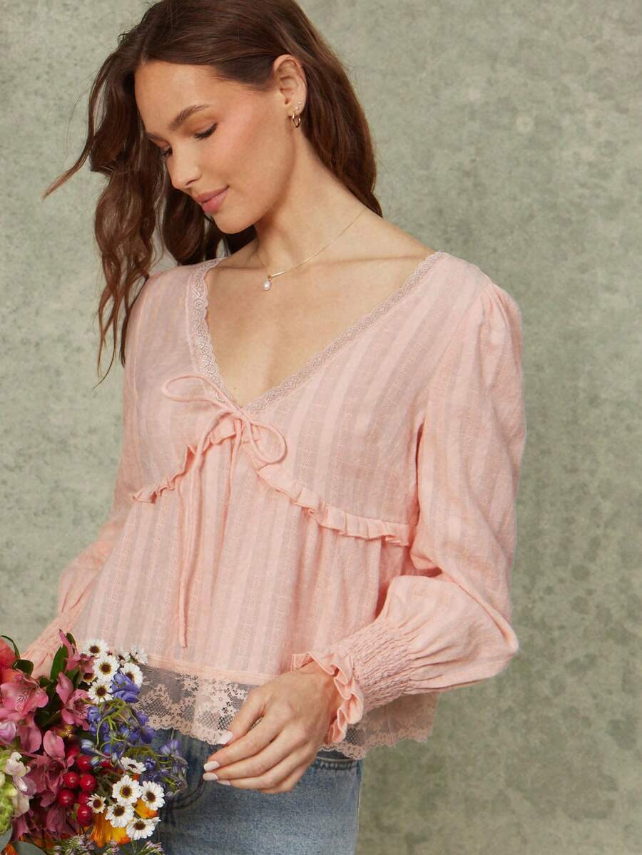 WESTFADE V领娃娃衫长袖浪漫上衣 - 粉色 - 查看 1