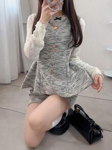 FRIFUL Women's Plaid Button Design Vest And Shorts Casual 2 Pieces Set - Black and White - View 1