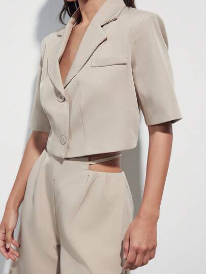 Aveloria Modichic Women's Khaki Cropped Blazer Jacket With Shorts, Loose Fit Suit Set