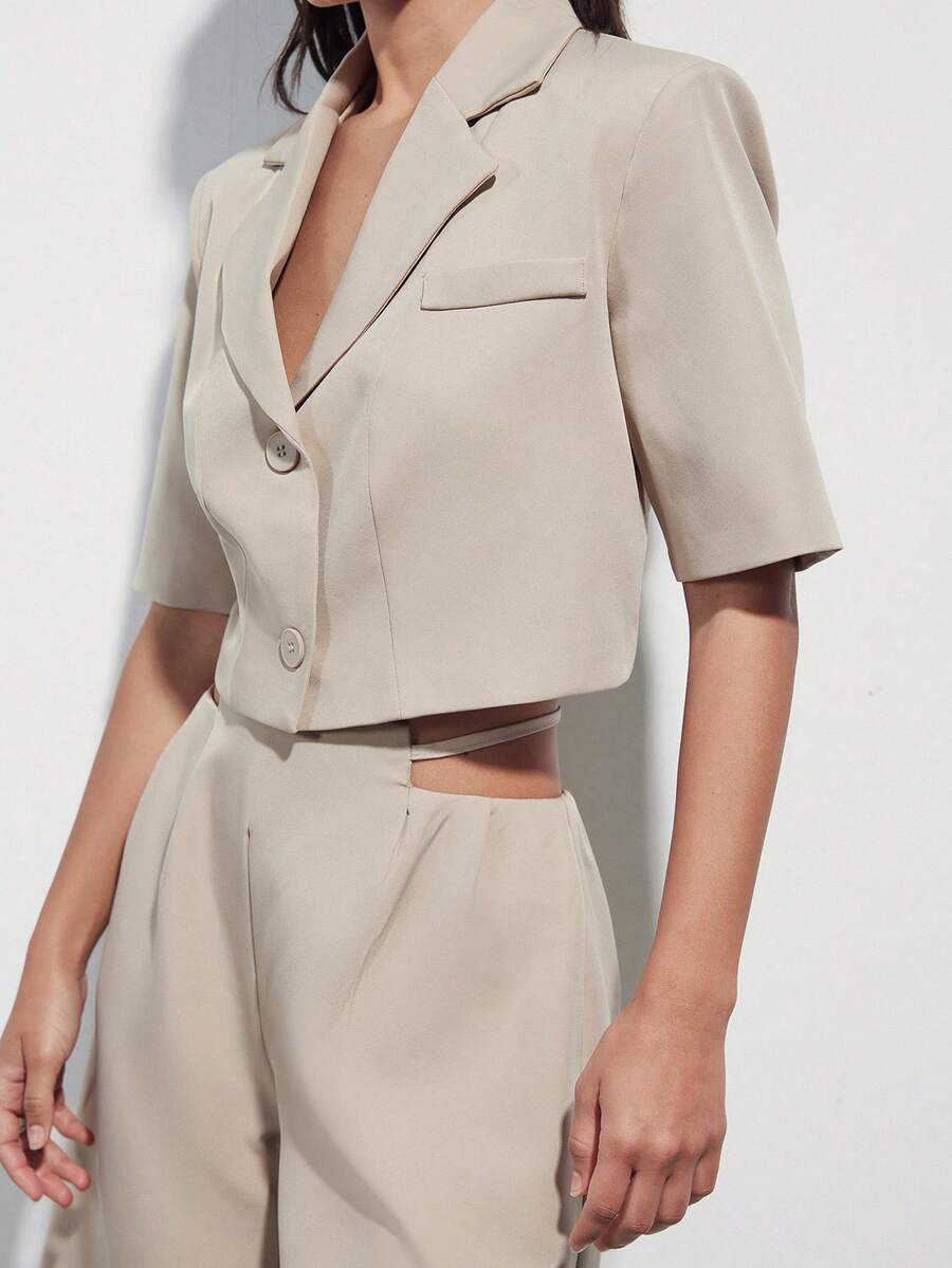 Aveloria Modichic Women's Khaki Cropped Blazer Jacket With Shorts, Loose Fit Suit Set - Khaki - View 1