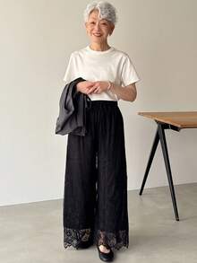 FRIFUL 女士弹力腰带全蕾丝阔腿裤 - 黑色 - 查看 2