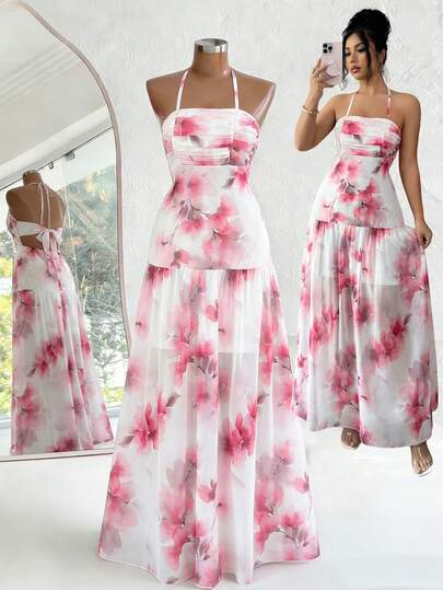 SHEIN Elenzya Women's Summer Beach Vacation Floral Print Backless Tie-Front Dress