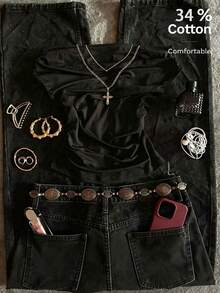 Attitoon 女士休闲腰部褶皱露肩紧身短袖T恤，适合夏季，34%棉，Y2K风格，日常穿着 - 黑色 - 查看 7