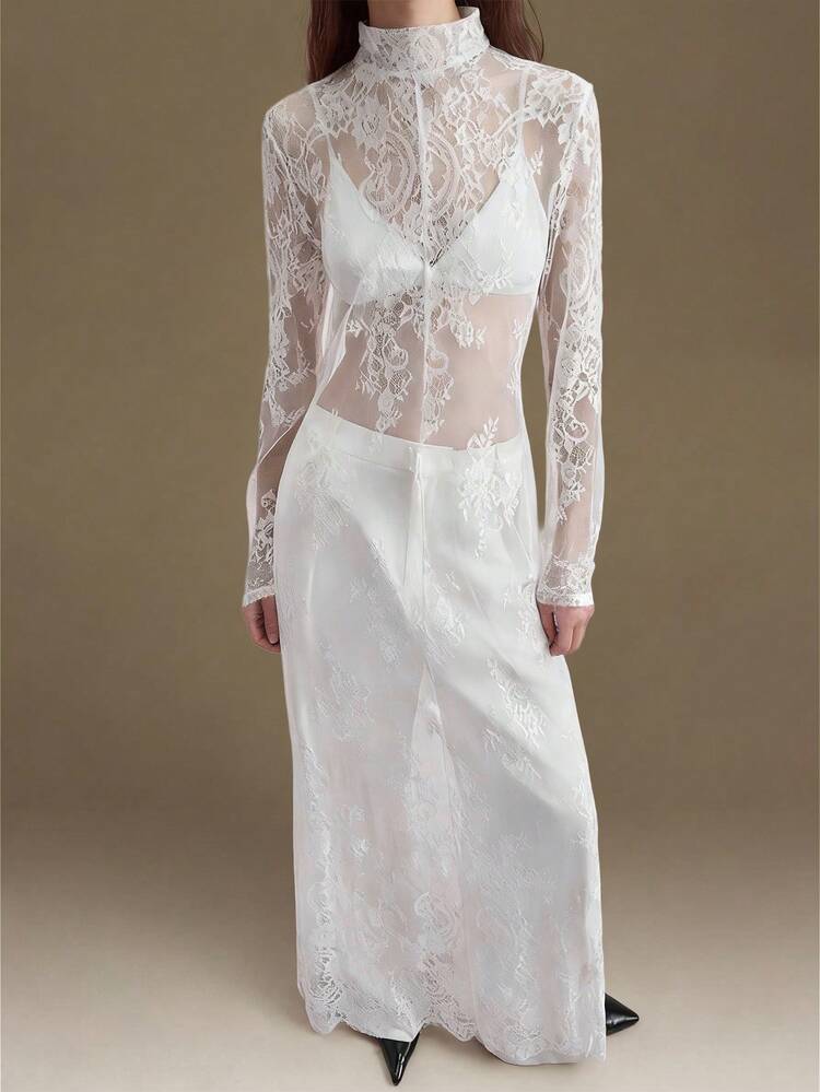 2026SS New Arrival, Suitable For 5-15°C, Layering, Modern Urban Style, White Lace Fabric, Waist-Cinched Fitted Silhouette, Women's Long Dress, Elegant Versatile Daily Wear, New Apparel Party Dress, Women's Spring Summer Dress, Women's Holiday Beach Outfit, Women's Office Outfit