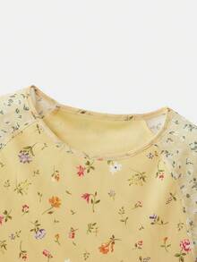 lacRébo Butter Yellow Floral Print Mesh Top With Contrast Long Sleeves Spring Summer Vacation French Style Parisian Style - Yellow - View 8
