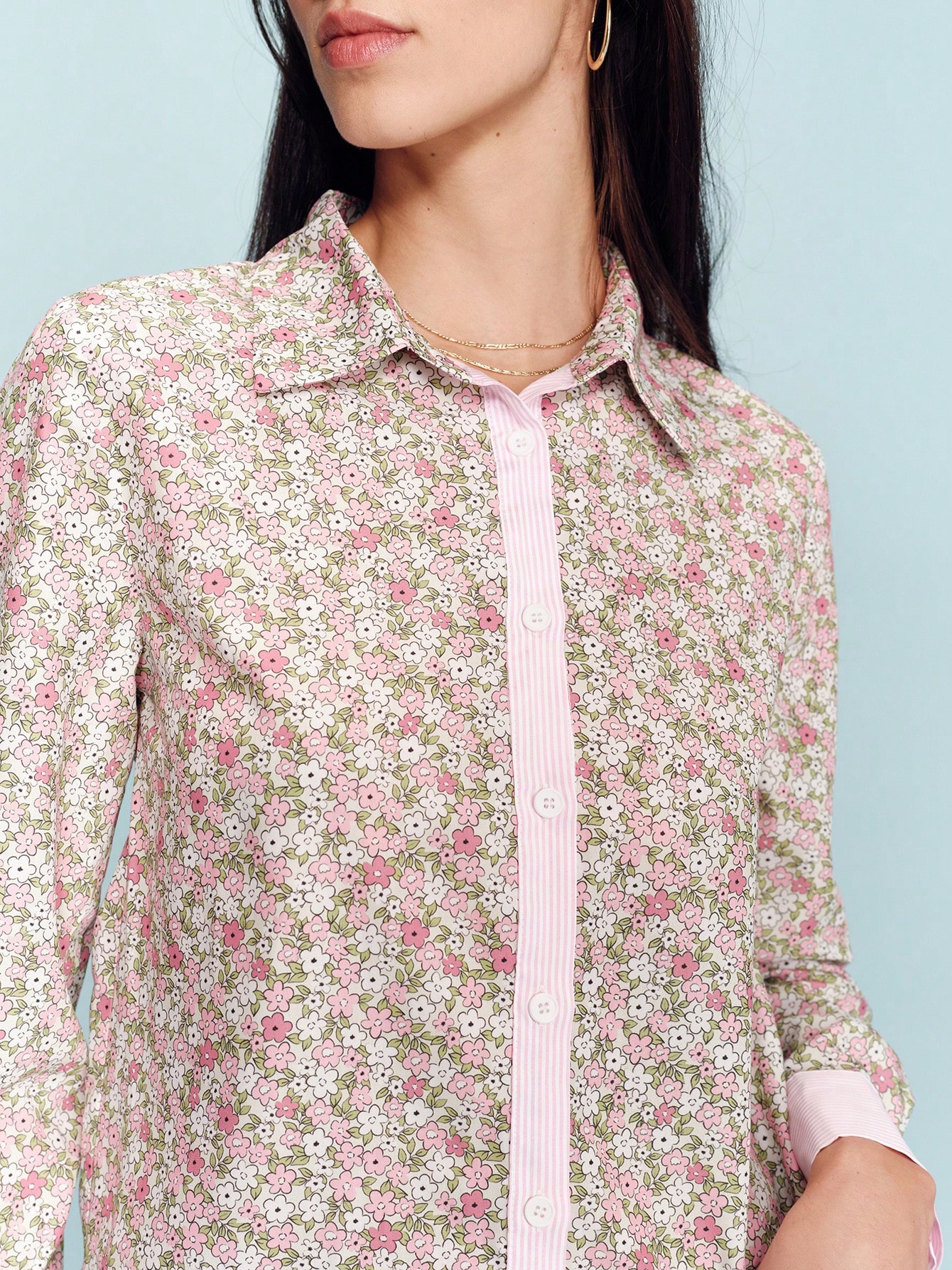 Pink Floral Print Long Sleeve Shirt With Striped Button Placket Vintage Spring Summer Style French Style Parisian Style Floral Shirt Ditsy Floral Top Flower Shirt Floral Blouse Cottagecore Clothes