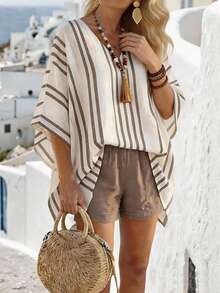 Balvessa Women's Striped Patchwork V-Neck Blouse And Casual Pants Set, Spring/Summer - Khaki - View 5