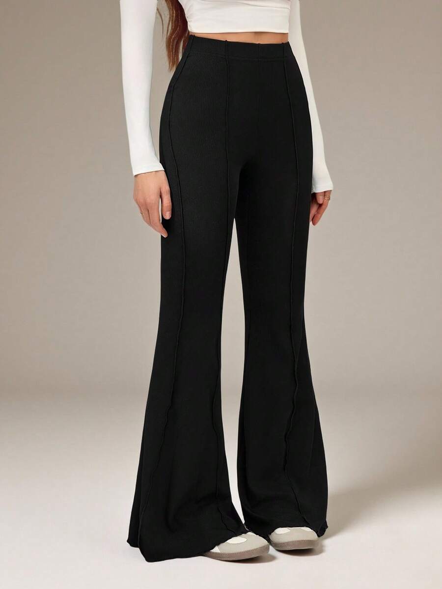 SHEIN Tall 荷叶边弹力女士喇叭裤 - 黑色 - 查看 1