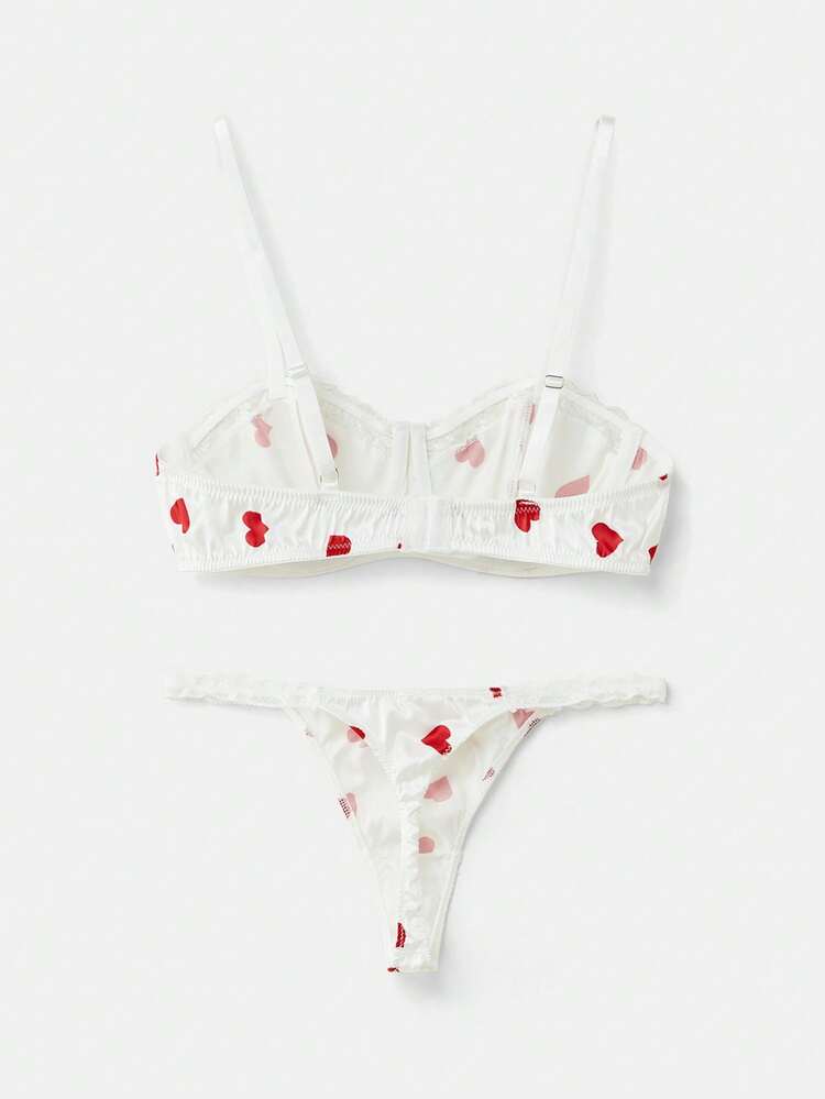 Heart Print Satin Underwired Bra And Matching Long Lingere Set Cute Vintage Sexy Valentines Romantic French Style Parisian Style Lingerie Sets Summer Lingerie Lingerie Sets Push Up White Lingerie Heart Print Lingerie Lace Trim Lingerie  Triangle Lingerie