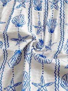 Soleia Spring/Summer New Arrival Back To School Casual Vacation Western Beach Wedding Guest Attire Graduation Brunch Women's Wear St. Patrick's Day Spring Break Easter Music Festival Elegant Boho Tropical Chic Ocean Shell Print Blue & White Ruffle Sleeve Pleated Women Blouse - Multicolor - View 6