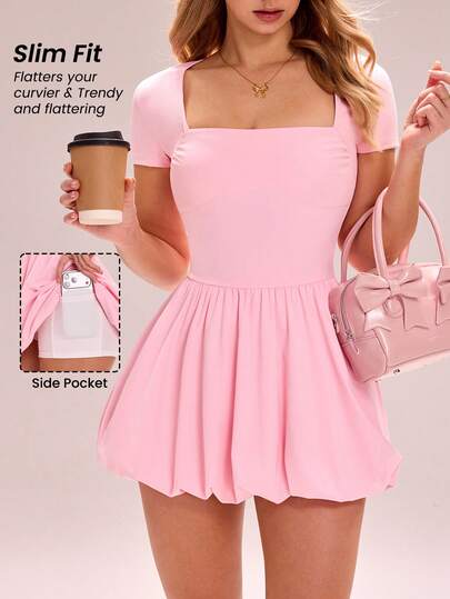 Sovereign Charm Women's Casual Everyday Commute Minimalist Solid Color Square Neck Cinched Waist Bubble Hem Active Dress, Summer