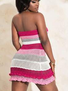 Slaydiva Women's Color Block Lettuce Trim Pointelle Knitted Tube Bodycon Mini Sweater Dress - Hot Pink - View 2