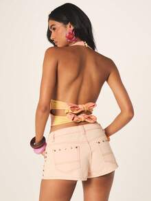 MISSGUIDED Women's High Rise Pastel Pink Studded Denim Mini Shorts With Metal Eyelet Details Summer Festival Fashion - Pink - View 2