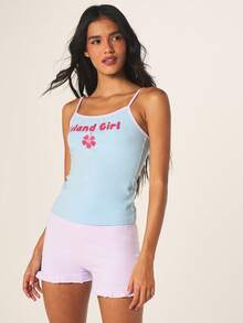 MISSGUIDED 女士两件套吊带背心和荷叶边短裤睡衣套装，饰有岛屿女孩芙蓉花印花 - 彩色 - 查看 3