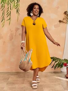 BrightlyHer Plus Size V-Neck Solid Color Casual Beach Wear Dress - Yellow - View 5