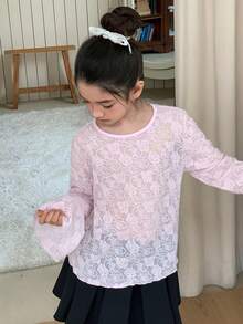 DAZY Tween Girls Round Neck Lace Fabric Fitted Flare Sleeve T-Shirt, Fall - Pink - View 3