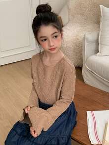 DAZY Kaos Anak Perempuan Remaja dengan Leher Bulat dan Bahan Renda, Model Lengan Mengembang Pas Badan, Musim Gugur - Khaki - View 8