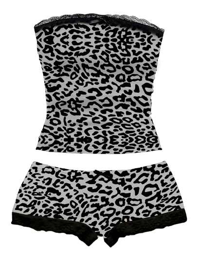Zyxie Women's Black Leopard Print Lace Patchwork Bandeau Top & Shorts 2-Piece Set
