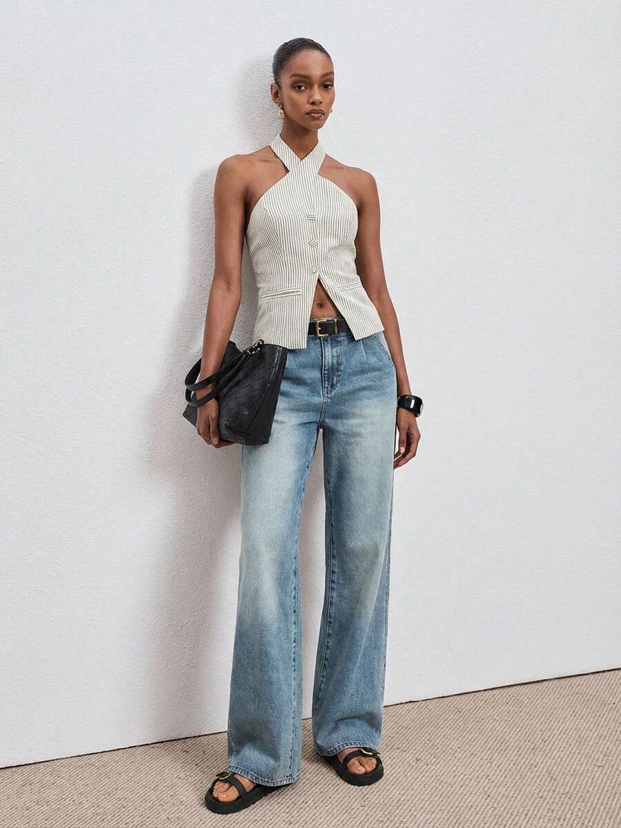 Áo crop top hở lưng không tay kẻ sọc đơn hàng khuy đơn thời trang cho nữ - Nhiều màu - Xem 1
