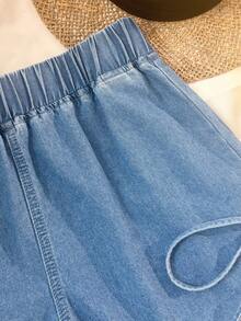 Comfortcana 女士休闲抽绳腰牛仔短裤 - 淺色水洗藍 - 查看 4