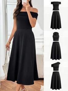 Miaspire Tenue de base quotidienne style américain pour femme, ensemble 2 pièces avec top épaules dénudées et jupe, printemps/été - Noir - Voir 8