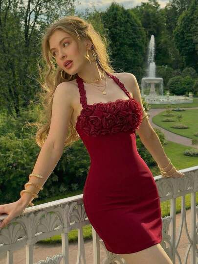 SHEIN MOD Women's Fashion 3D Floral Halter Mini Dress, Summer, Festival Dresses, Party Dresses, Wedding Guest Dress For Women, Graduation Dress, Ceremony Dress, Prom Dress, Birthday Dress, Elegant Dress , Holiday Outfits, Formal Dress, Evening Dress, Floral Dress, Womens Red Floral Applique Halter Mini Dress Elegant Summer Party Club Dress, Red Cocktail Dress