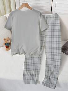 SHEIN Set Piyama Anak Perempuan Motif Kelinci Lucu, Kartun Hewan Grafiti, Atasan Leher Bulat Warna Pink & Celana Kotak-kotak Abu-abu, Palet Warna Musim Panas yang Lembut, Musim Panas, Lucu, Pakaian Rumahan, Tidur - Grey - View 2