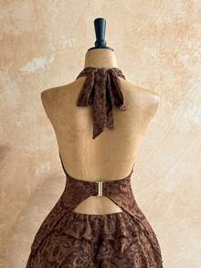 Soleia Bộ đồ 2 món kiểu vintage mới, gợi cảm: áo hai dây buộc cổ ren xếp nếp và chân váy ngắn cạp thấp xếp ly, thích hợp cho tiệc tùng, hẹn hò, hộp đêm, bãi biển, du thuyền, trà chiều, phong cách Bohemian, Boho, kỳ nghỉ, trang phục mùa thu cho nữ, vintage. - màu nâu - Xem 8