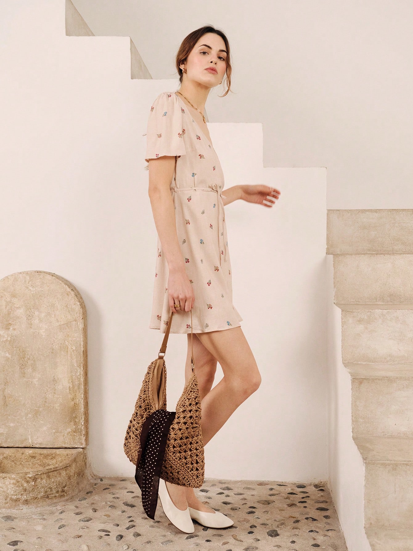 Beige Mini Wrap Dress With Floral Embroidery And Small Buttons Spring Summer Vacation French Style Parisian Style Resort Dress Holiday Dress