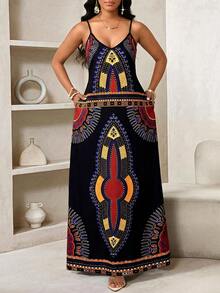 SHEIN Lady Đầm slip nữ họa tiết hình học có túi, kiểu dáng thường ngày, thích hợp cho kỳ nghỉ. - màu đen - Xem 6