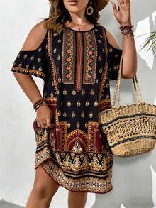 EMERY ROSE Vestido corto con hombros descubiertos y estampado de talla grande para mujer - Negro - Ver 5