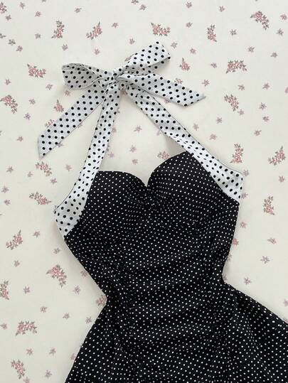 Elamini Women's Vintage Vacation Style Contrast Color Polka Dot Print Pleated Tie Front Bodycon Halter Dress, Summer