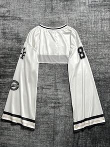 Glimmora 女士V领数字印花露脐时尚性感长袖上衣 - 米色 - 查看 2