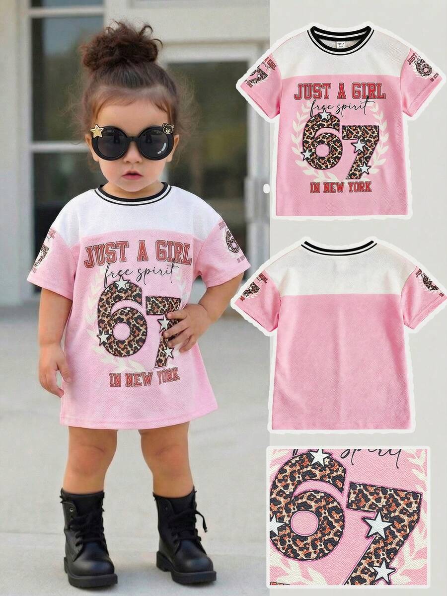 SHEIN Đầm ngắn tay cổ tròn in họa tiết hoa và khẩu hiệu cho bé gái, kiểu dáng thường ngày. - Nhiều màu - Xem 1