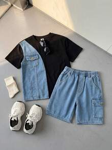 SHEIN Little Byeori 青少年男童休闲时尚牛仔拼接T恤搭配牛仔短裤，适合春夏日常穿着 - 黑色 - 查看 8