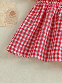 SHEIN 女婴褶皱格纹彼得潘领花瓣袖休闲连衣裙，适合日常穿着和聚会 - 紅色 - 查看 8