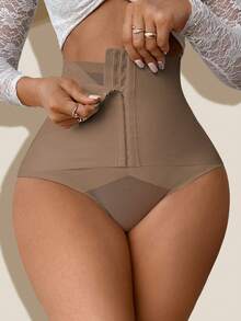 SHEIN Quần định hình eo cao dành cho nữ, quần nịt eo thon gọn có nút cài, quần short định hình nâng mông bằng lưới gợi cảm. - Cà phê nâu - Xem 4