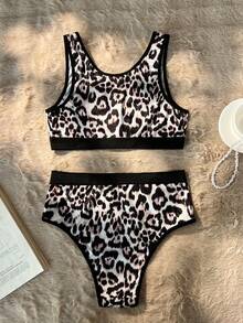 两件套性感女士豹纹丝绸质感前扣高腰内衣套装 - 彩色 - 查看 2