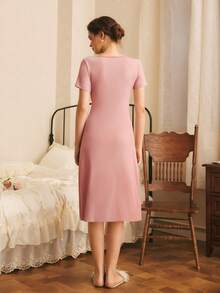 Women's Contrast Lace Twist Design Short Sleeve Elegant Nightgown - Dusty Pink - View 2