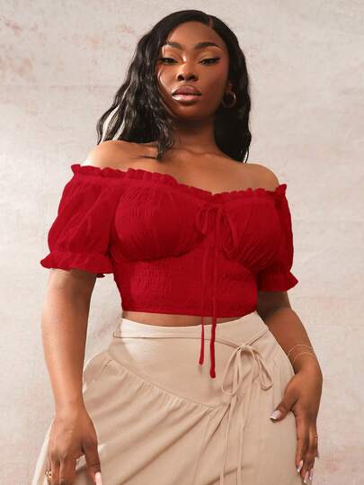 SHEIN SXY Blusa bohemia de talla grande para mujer con hombros descubiertos, manga corta y volantes en unicolor