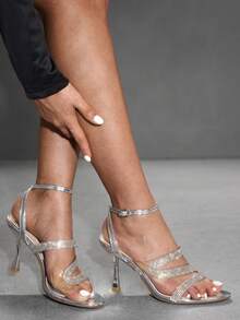 CUCCOO SZL 女士新款时尚闪亮水钻交叉银色高跟凉鞋，圆头细跟派对宴会礼服鞋，适合万圣节、圣诞节和新年等场合。 - 銀色 - 查看 1