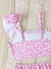 女童比基尼套装，蓝白条纹可爱荷叶边不对称肩带可调节荷叶边三角泳衣两件套 - 粉色 - 查看 6