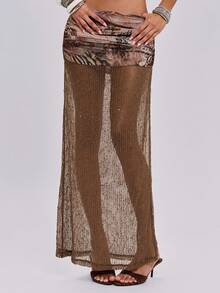 ROMWE Spring/Summer Y2K Retro Sexy Grungy Boho Style Patchwork Embroidered Mesh Waist Ruched Asymmetric Slit Maxi Skirt - Brown - View 7