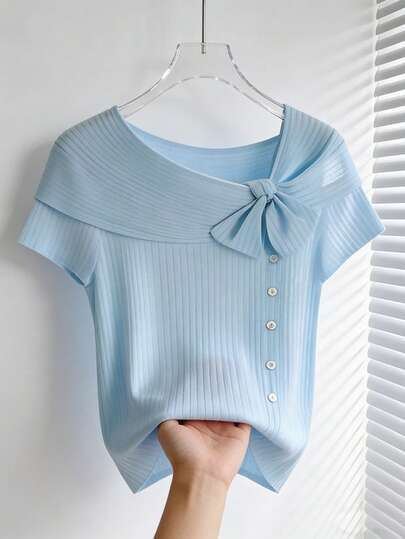 GlowEve Women's Solid Color Twist Knot Button Decor Short Sleeve Fashionable T-Shirt, Summer